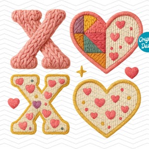 May include: A collection of Valentine's Day-themed embroidered designs. Includes a pink knitted "X", two heart shapes, and a yellow "X" with heart details. The designs feature a textured appearance and a "Original Design" label.