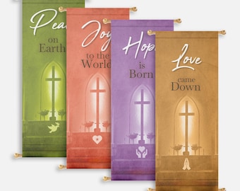 May include: Four fabric banners with a church window and cross design. Each banner features a different word: Peace on Earth, Joy to the World, Hope is Born, and Love Came Down.