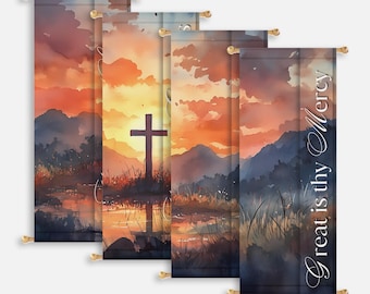 May include: Four watercolor sunset banners with a silhouette of a cross in front of a lake and mountains. The text on the banner reads "Great is thy Mercy".