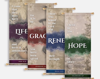 May include: Four vertical banners with inspirational messages. Each banner features a different word: LIFE, GRACE, RENEW, and HOPE, with corresponding Bible verses. The banners have a vintage aesthetic with floral and watercolor-like backgrounds, and gold-colored rods.