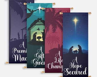 May include: Four decorative vertical banners with gold-colored rods. Each banner features a silhouette Nativity scene with text: "A Promise Made," "A Gift Given," "A Life Changing," and "A Hope Secured." The backgrounds are various colors.