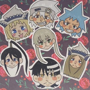 soul eater stickers | sticker | maka | soul | death the kid | black star | tsubaki | liz | patty | handmade | art | fanart | anime