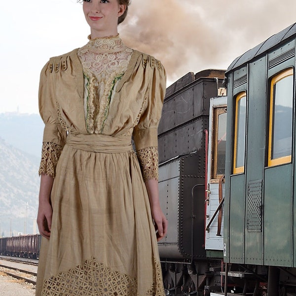 Long Victorian Antique Dress, Beige & Green, 1900s High Neck Blouse, Bustle Skirt Set, Built in Corset