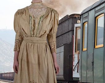 Long Victorian Antique Dress, Beige & Green, 1900s High Neck Blouse, Bustle Skirt Set, Built in Corset