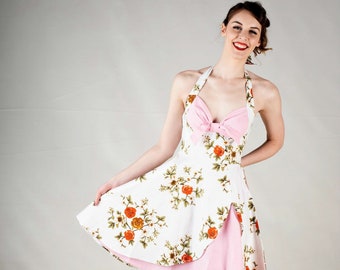 Retro 1950s Style Cotton Halter Dress, Fit & Flare, Circle Skirt, Floral Rose Print, Summer Swing Dress, Size Large