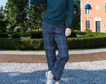 Preppy Blue Plaid Wide Legged Pants, Size Small,  High Waist, Green Tartan, Academic Prep, Winter Wool Trouser, Size Small