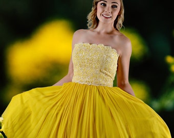 Yellow Strapless Prom Dress, Short Evening Dress, Silk Chiffon, Vintage 1950s Cocktail Dress with Matching Shawl, Summer Semi Formal,