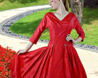 1950s Red Taffeta Dress, Fit & Flare, Cocktail Party,
