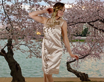 Sleeveless Beige Beaded Satin Dress, Hand Beaded Cheery Blossoms, Vintage 1960s Dress, Summer Party Dress Size Medium