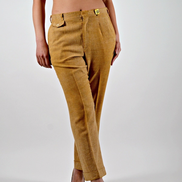 Golden Brown Linen Pants, Summer Trousers, Mid Waist, Vintage 1960s, Straight Legged with Cuffs Pants, Unisex