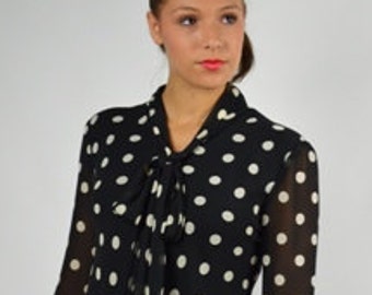 Polks Dot Dress, Pussy Bow Dress, Black White Dress, 1930s Style Dress, Secretary Dress, Office Dress, Career Wear, 80s Dress