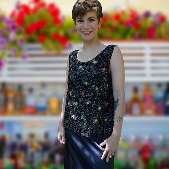 Black Sequin Floral Top, Cocktail Party, Scoop Ne… - image 2