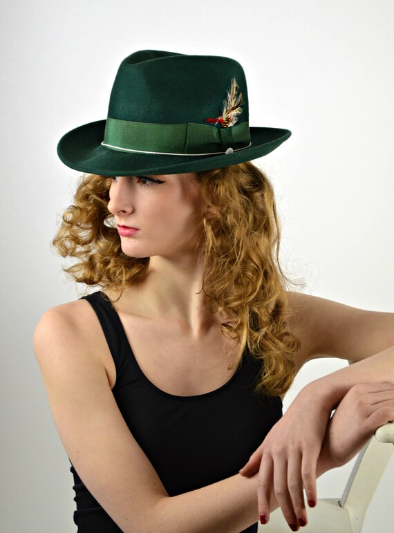 Green Fedora Hat, 50s Mid Century Fashion, Wide Br