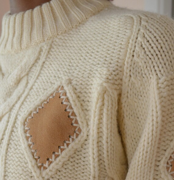 Vintage 70s Leather Patchwork Wool Sweater - Hand… - image 7