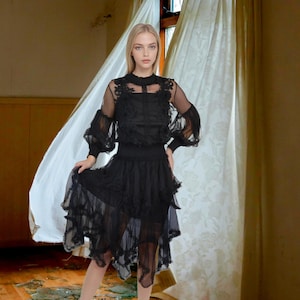 Halloween Costume Black Skirt, Witch Vampiress, Tulle Mesh, Goth Punk Ruffled Skirt,