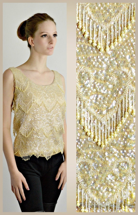 Vintage Pearl Beaded Top, 1950s Cocktail Sweater,