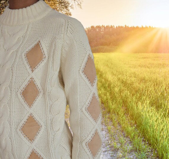 Vintage 70s Leather Patchwork Wool Sweater - Hand… - image 3