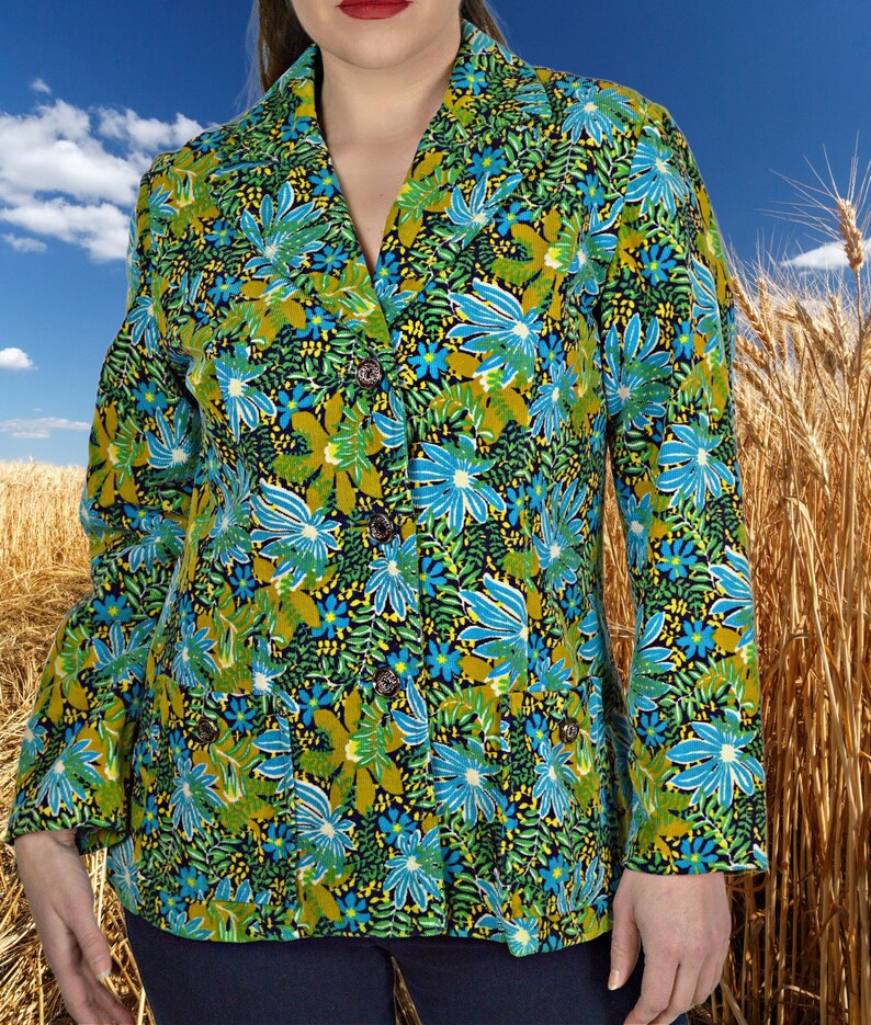 Funky Corduroy Jacket, Floral Print, Blue & Gold Blazer, Single
