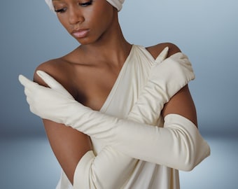 Long White Kid Leather Gloves, Formal Evening Wedding or Prom Gown Gloves Size 7/8