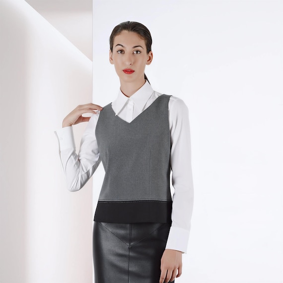 Ann Taylor, Vintage 90s Ann Taylor Wool Blend V-Neck Shell Top, Black Gray Stitching