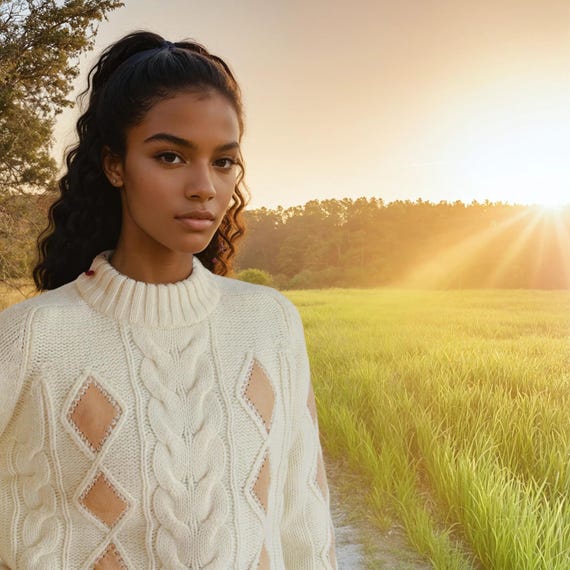 Leather Patchwork Wool Sweater, Creme Cable Knit,… - image 2