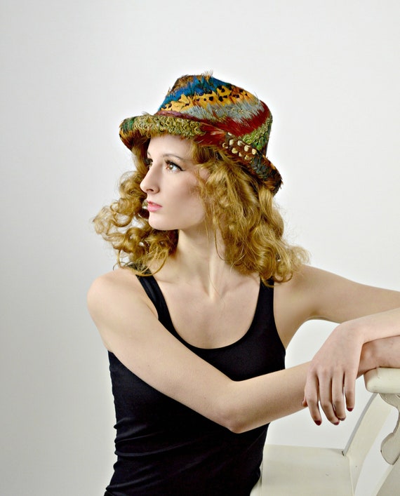 Womens Fedora Hat, Vintage Feathered Hat, Fall Win