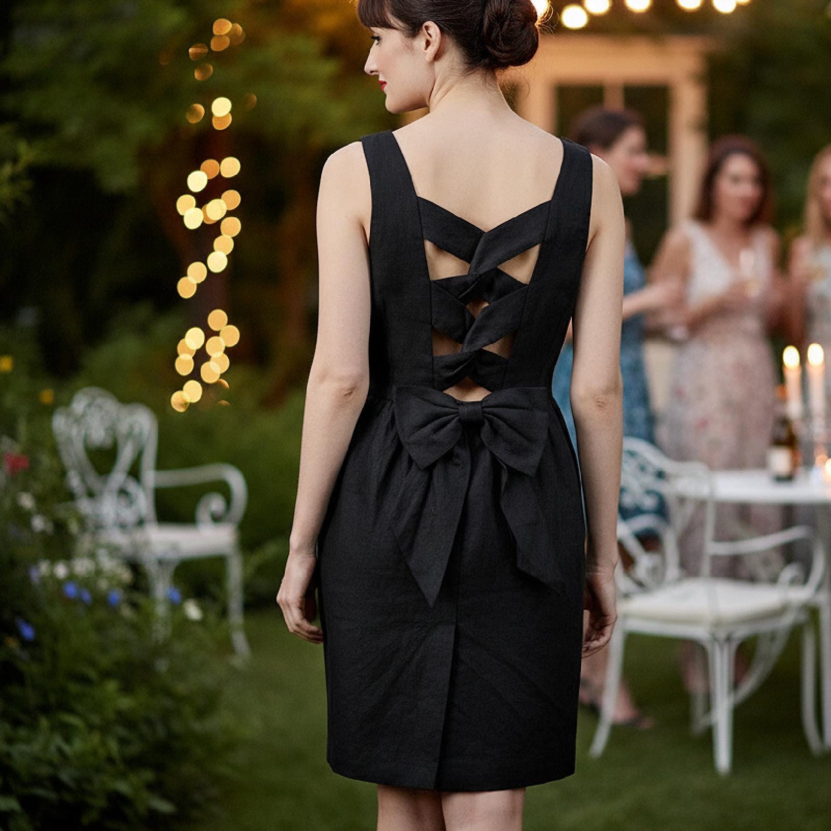 Black Cotton-Linen Blend Dress, Open Back Bow Detail, 90s Resort Party