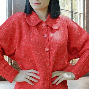 Red Flecked Cardigan, Handmade Knit Sweater, 1950s Holiday Jumper, Raglan Sleeves, Eco Minded Gift,