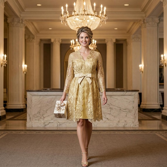Liancarlo Champagne Gold Metallic Lace Cocktail Dress, Mother of Bride, Size 14, Vintage