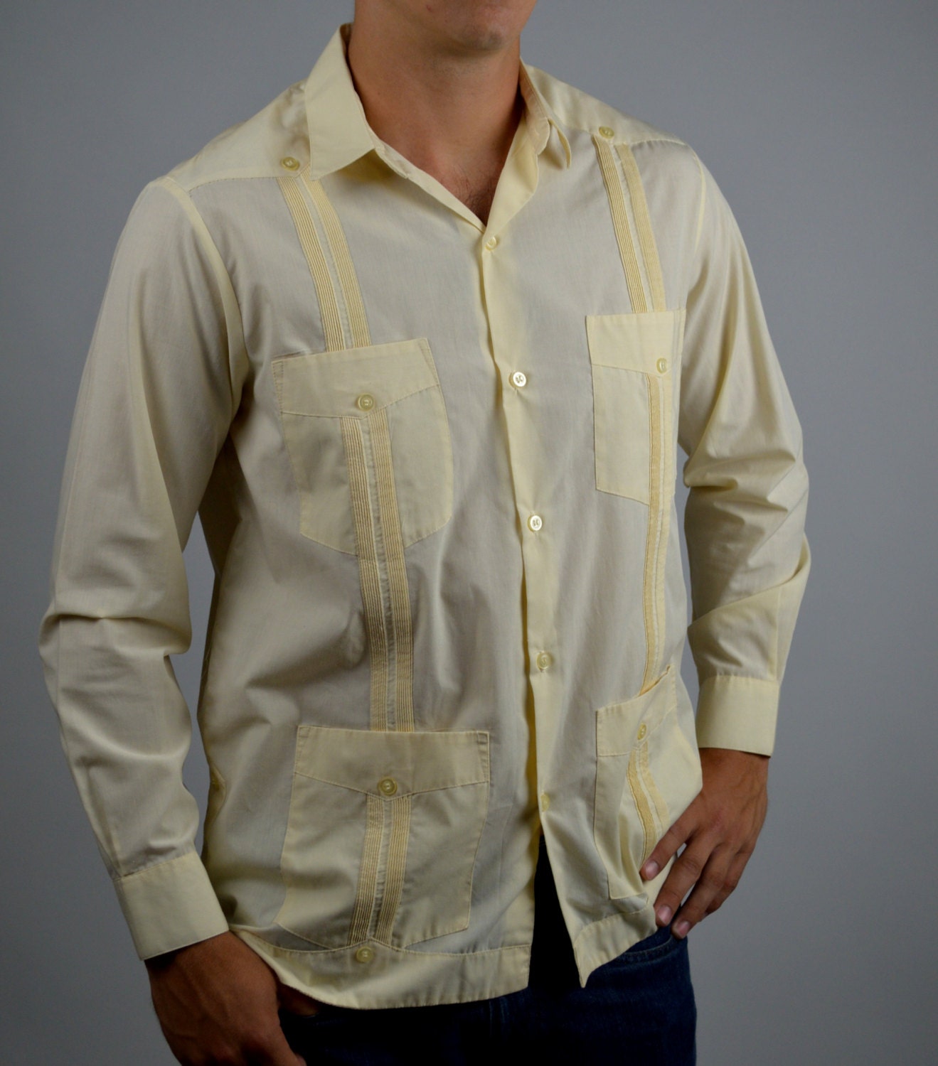 Mens Yellow Guayabera Shirt Long Sleeve Button Down Etsy