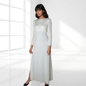 Ivory Backless Maxi Dress, Draped Neck, Halloween Disco Queen, 1970s Simple Formal Gown,