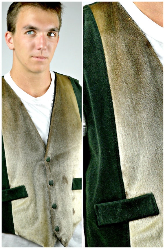 Mens Fur & Leather Vest, Green Vest, Vintage 80s W