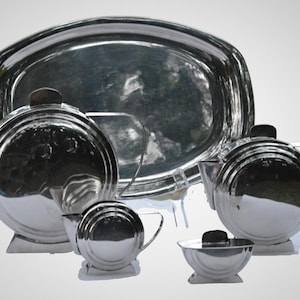 1940s Art Deco Coffee Service, Silverplated Coffee Tea Set & Tray, Vintage Mid-Century Home,