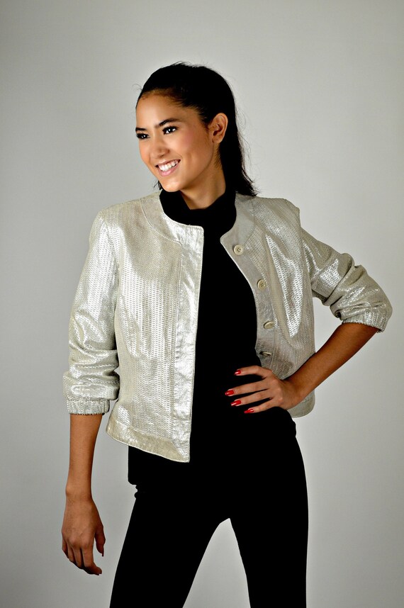 Silver Metallic Leather Jacket Cutwork Short 90s Womens Er