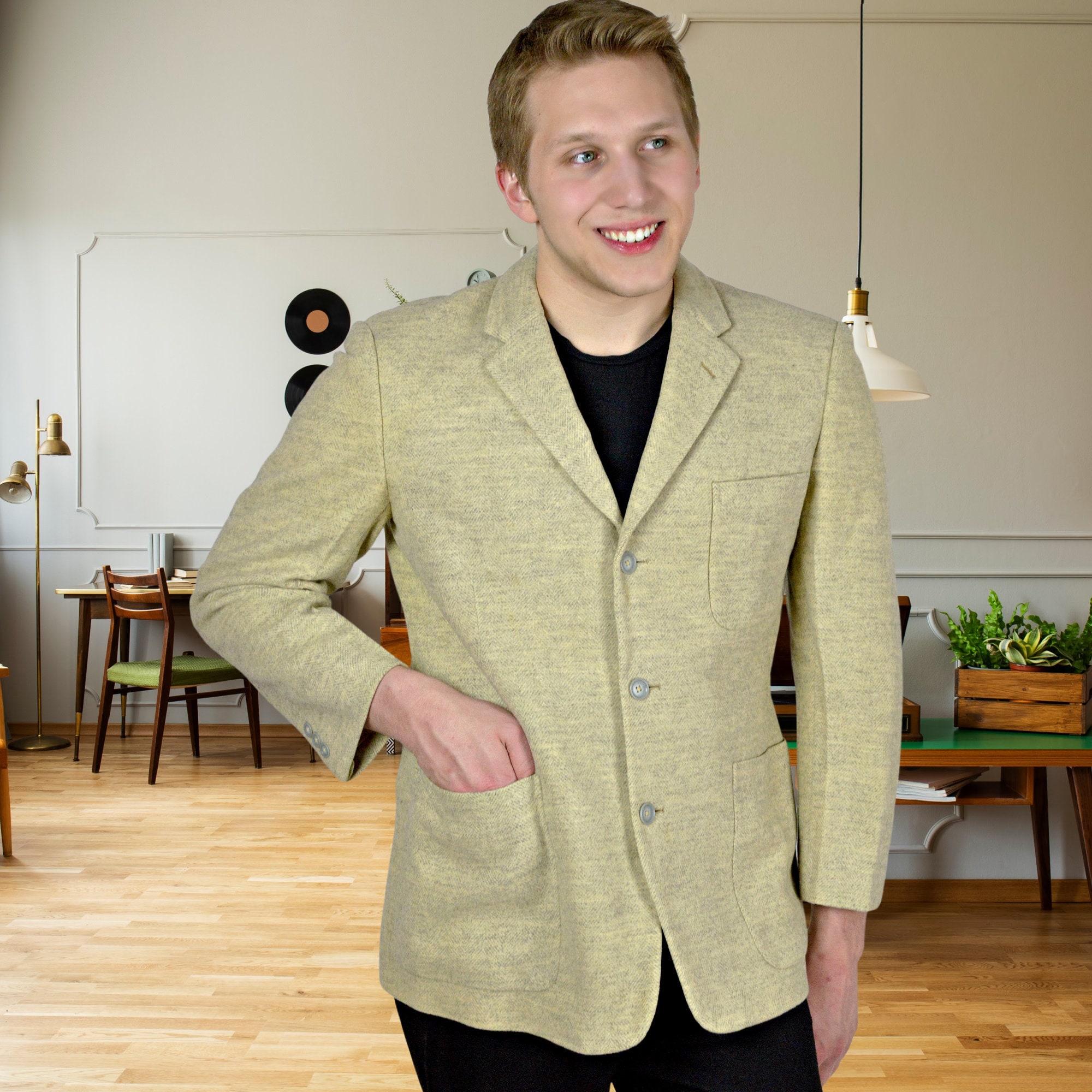 Mens 1950s Fleck Sports Coat, Gray Wool Flannel Fleck Blazer