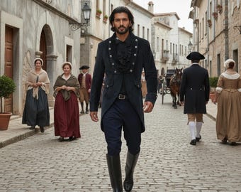 Puede incluir: Un abrigo largo azul marino oscuro con botones plateados, una camisa negra con volantes, pantalones oscuros y botas negras hasta la rodilla. El abrigo presenta un cuello estructurado y mangas largas sobre una camisa con volantes frontales.