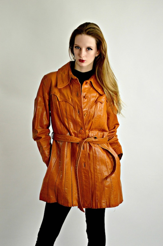 Vintage 70s Rust Leather Jacket, Mid Thigh Length,