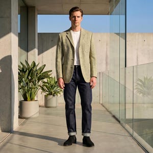 May include: A light olive green textured blazer with a notched lapel, three front pockets, and three buttons, worn over a plain white t-shirt, dark indigo denim jeans with a cuffed hem, and black suede ankle boots with a rounded toe and low heel.