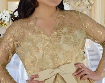 Gold Lace Cocktail Party Dress, Metallic Lace Dress, 2nd Wedding, Lian Carlo, Mother of the Bride, Size Large