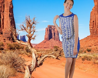 Blue & White Boho Embroidered Sleeveless Dress, Cotton Shift, Hippy Festival, Vacation Dress, Size Large