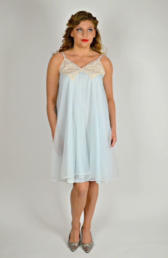 Vintage Baby Blue Nightgown, 1960s Short Nighty, B