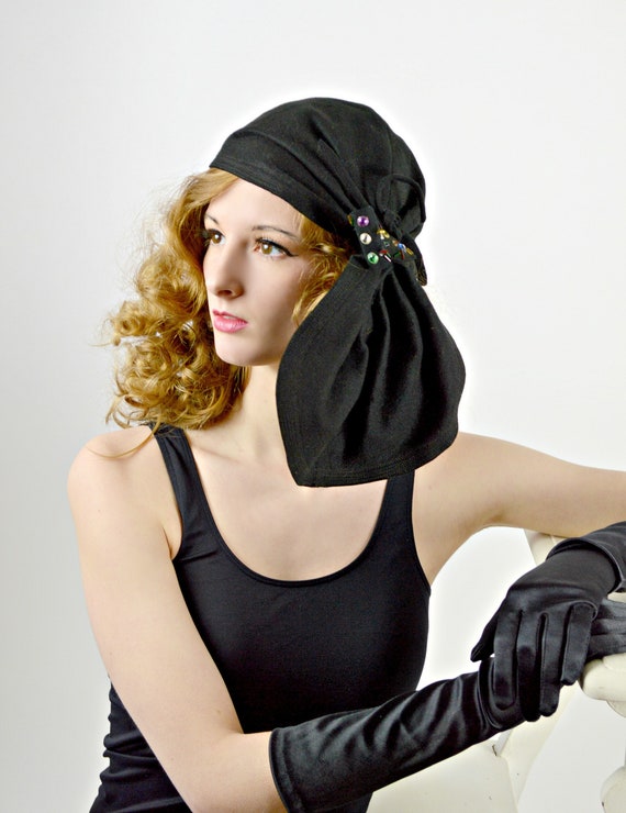 1920 Flapper Hat, 20s Black Skull Cap, Halloween G