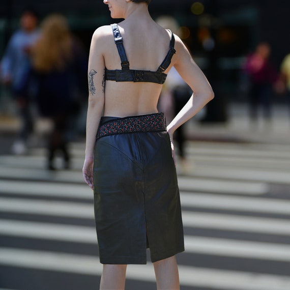 Vintage 80s Black Leather Skirt,  A Line, Midi Sk… - image 6