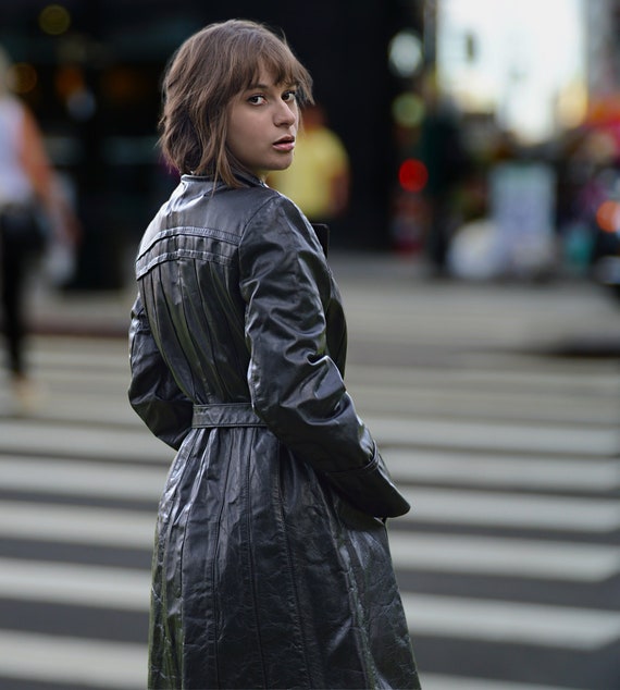 Vintage 70s Black Leather Trench Coat 
