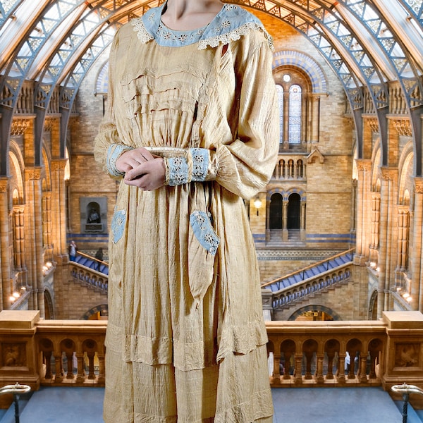 Authentic Edwardian Nautical Dress, Titanic Dress, Beige and Blue, Walking Skirt. Downton Abbey, 1910 Blouse & Skirt Set