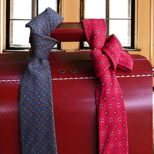Vintage 1960s Skinny Ties: Red & Blue Print, Lot of Two