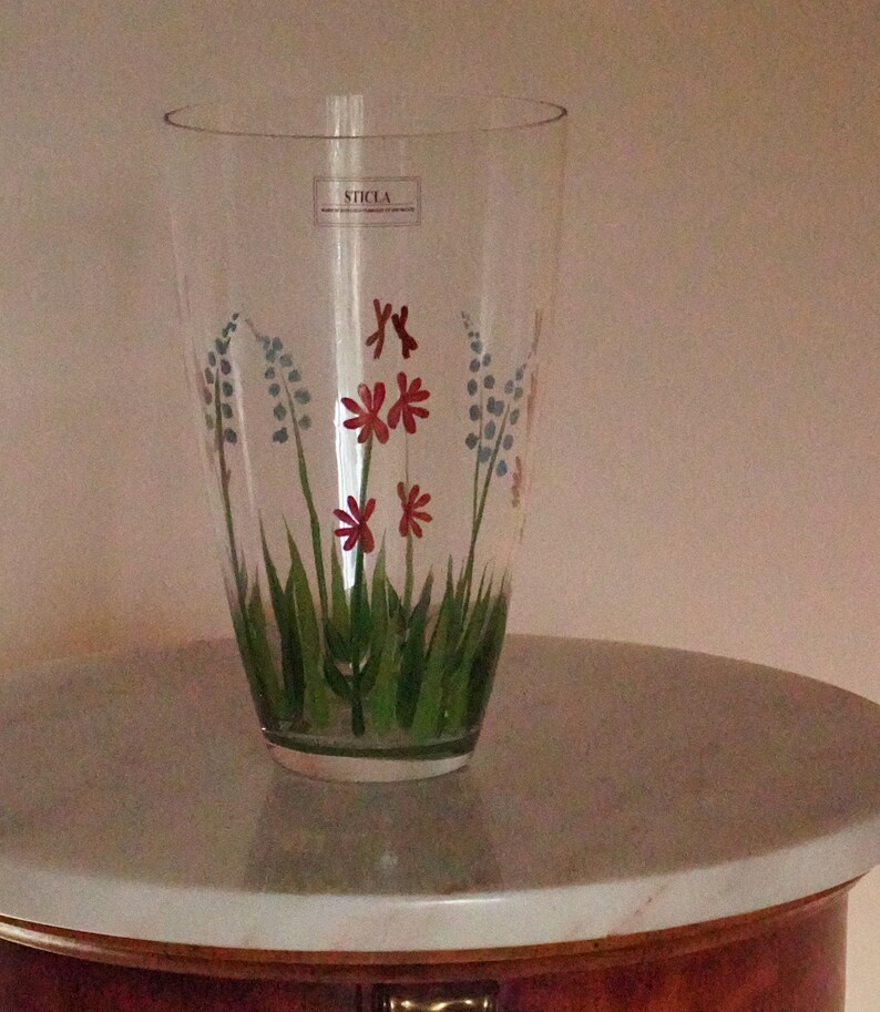 Hand Painted Floral Vase, Simple Style, Orange Blue & Green Flowers