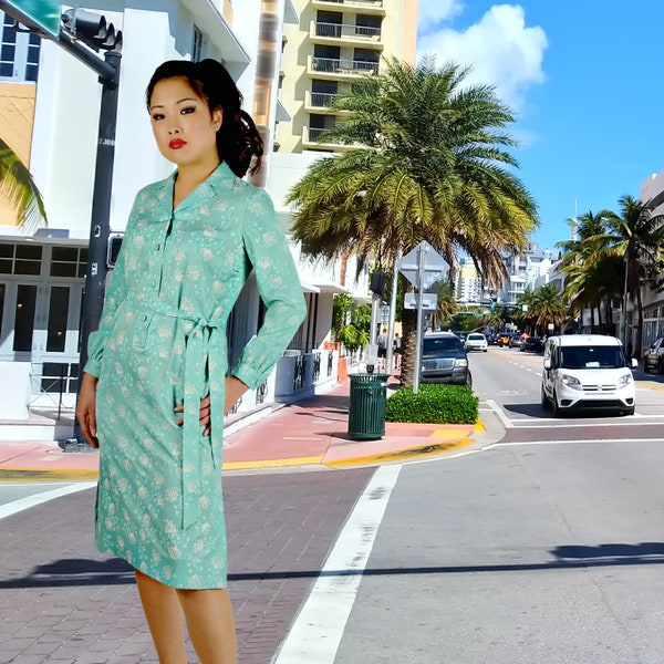 Robe de jour à manches longues turquoise, robe chemise florale des années 1970, robe de travail secrétaire, Erin Bocci Key West, robe bouton sarcelle, taille grande