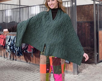 Green Cable Knit Poncho: Vintage 90s, Winter Sweater Wrap, Zipper Front