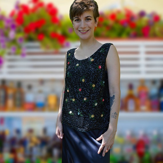 Black Sequin Floral Top, Cocktail Party, Scoop Ne… - image 7